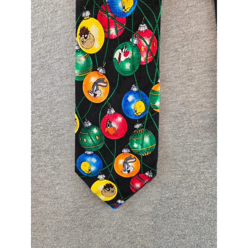 Vintage Looney Tunes Necktie Mens Black 1995 Christmas Ornaments Silk Holiday